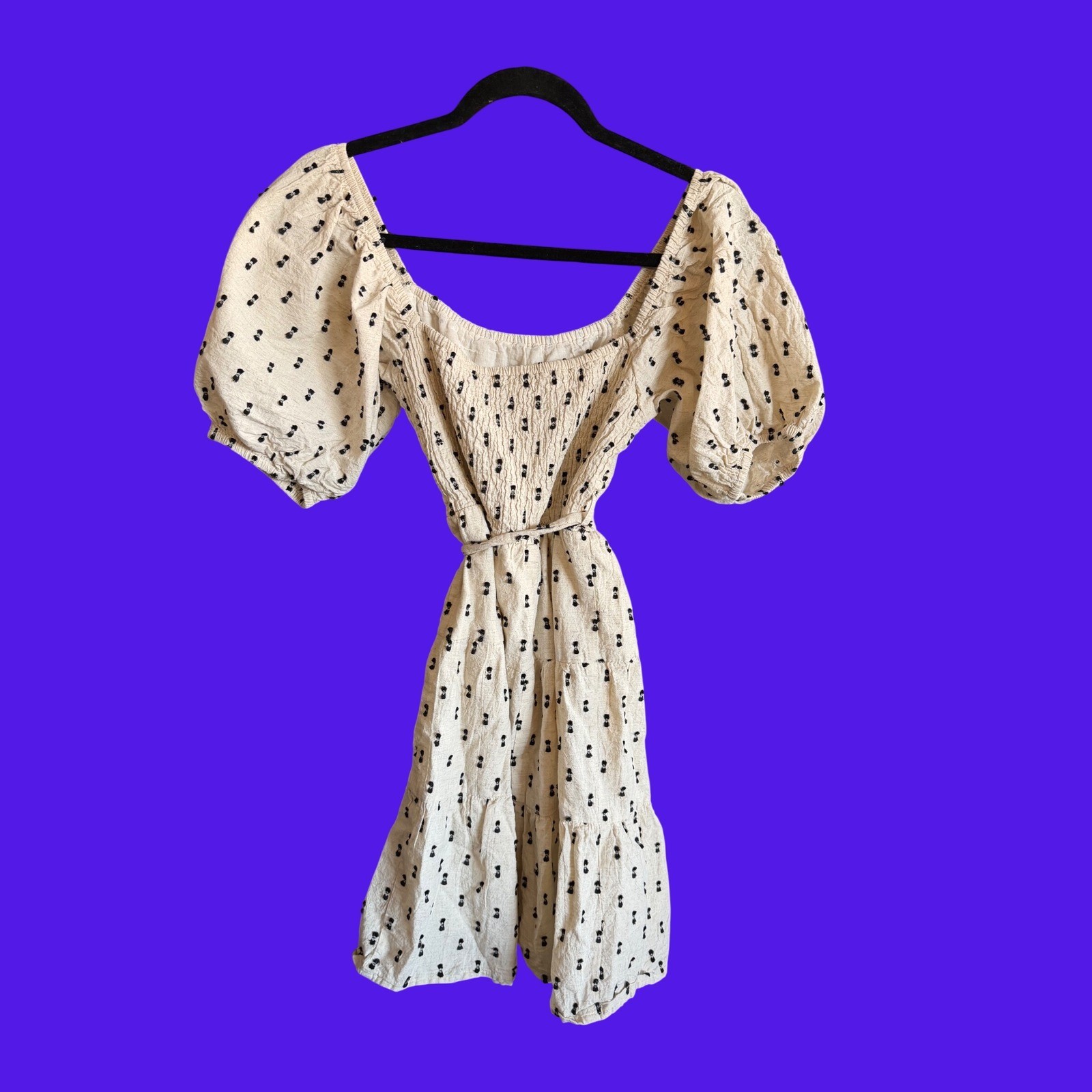 Sim & Sam Cream Black Tufted Smocked Puff Sleeve Mini Dress Medium Cottagecore
