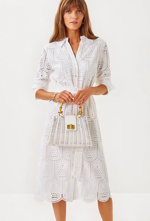 Lilly Pulitzer Eira White Pineapple Tile Eyelet Midi Shirt Dress – Size 10 – NWT