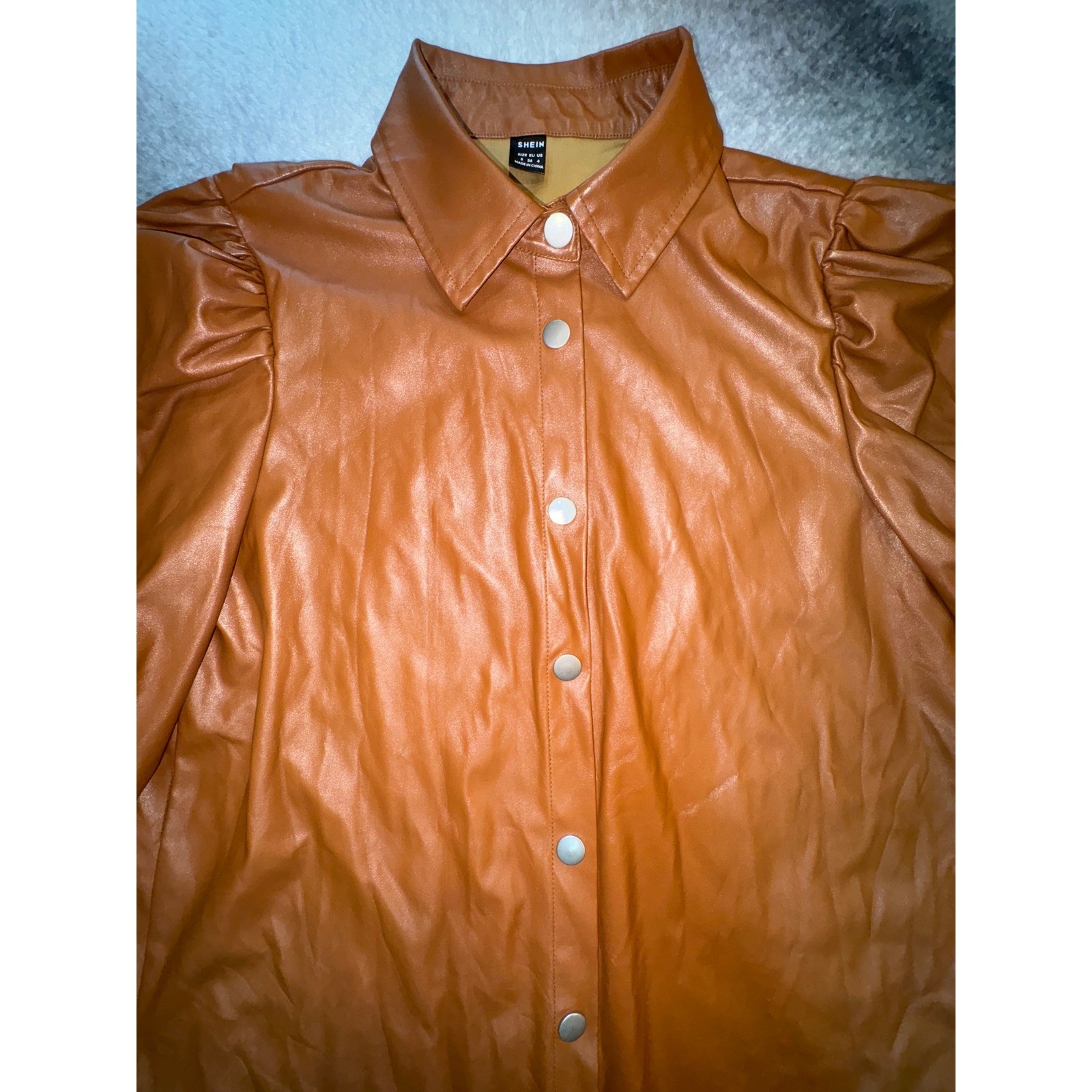 (B1) SHEIN Cognac Brown Faux Leather Puff Sleeve Snap Front Mini Dress Size S