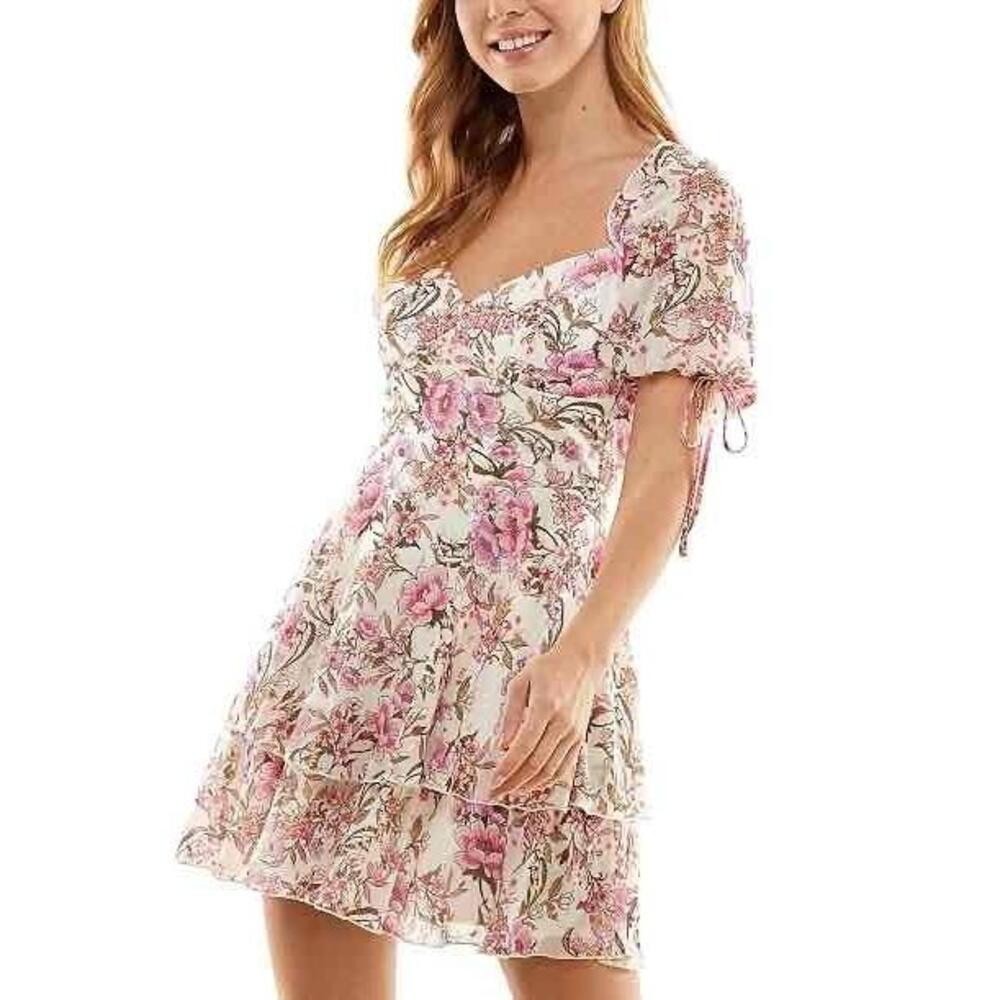 NWT City Studio Womens White Floral Print Tiered Ruffled Mini Dress Size M