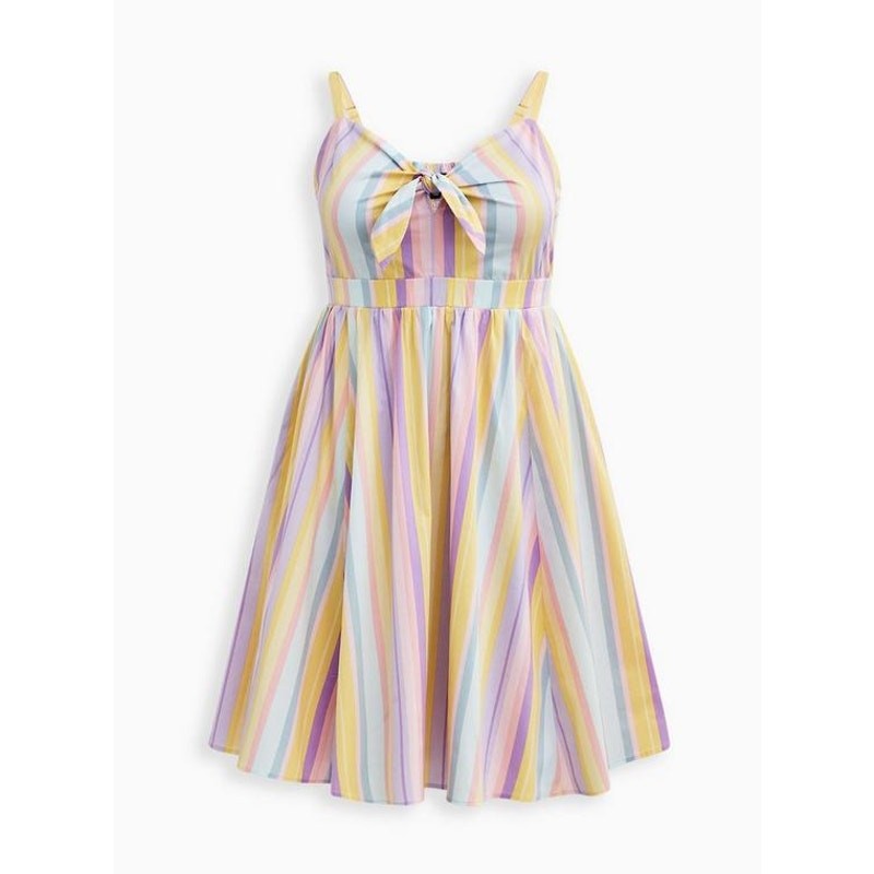 TORRID Pastel Rainbow Stripe Poplin Tie Front Skater Dress Pockets Size 2X 2