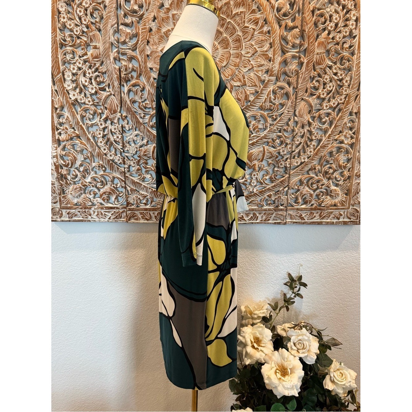 Max & Cleo Jersey Stretch Midi Dress Abstract Green Floral- size S