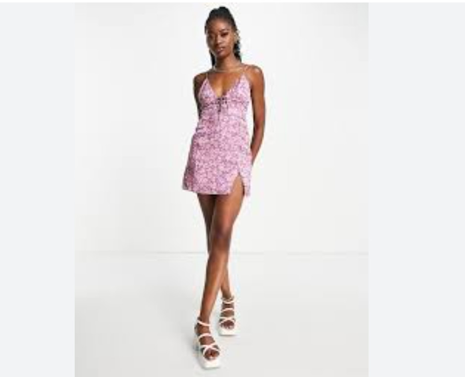 Pull&Bear satin floral lace up front mini dress in purple