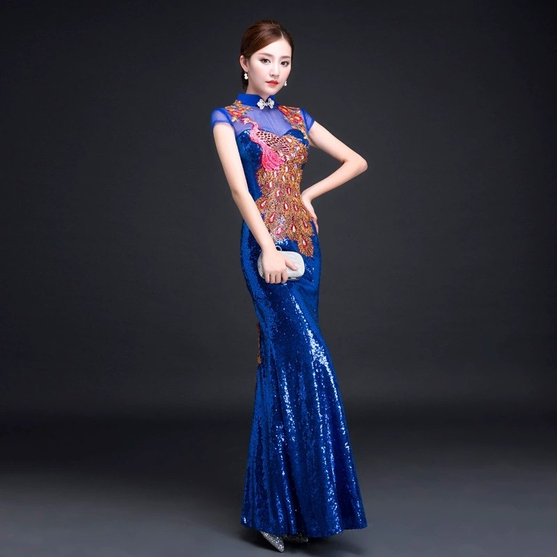 Womens Sequin Peacock Embroidery Gown Cheongsam Formal Stage Evening Qipao Dress