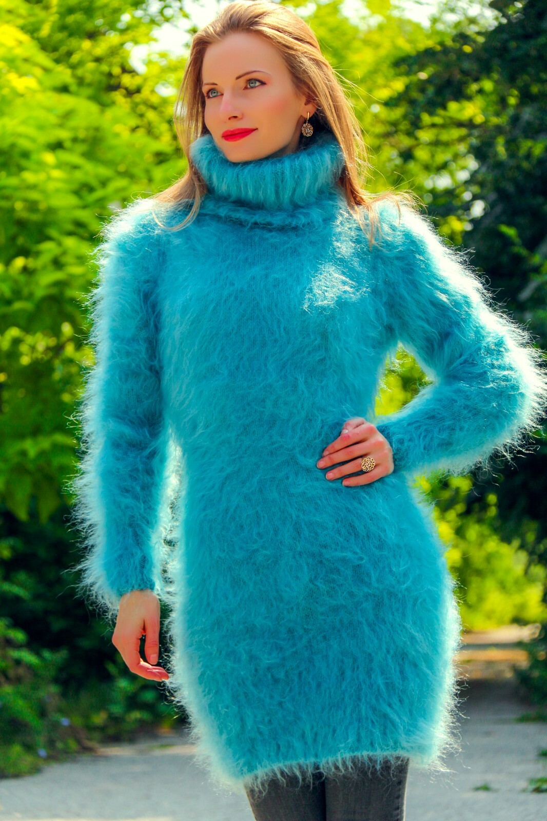 Fuzzy green soft mohair dress designer sweater hand knitted tunic SuperTanya