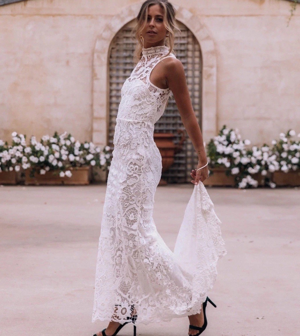 Spell Bride Edie Lace Maxi Gown Size XS High Neck Open Back Bridal Dress Train