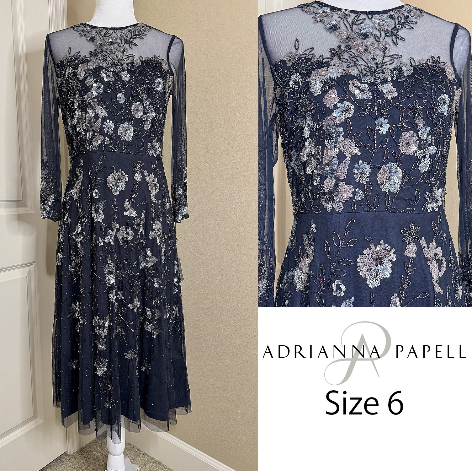 Adrianna Papell Floral Sequin Beaded Sheer Navy Dress NWT Size 6