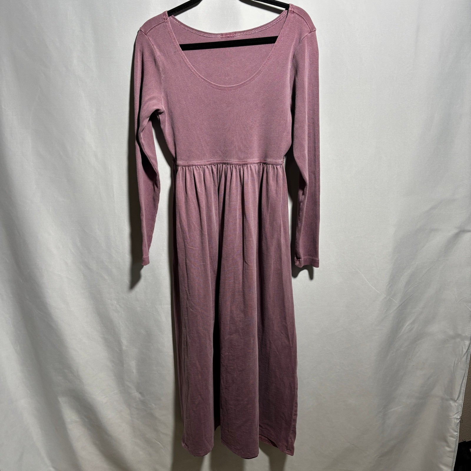 Vintage Long Sleeve Midi Dress Ribbed Knit Mauve Casual Fall Winter Modest 90s S