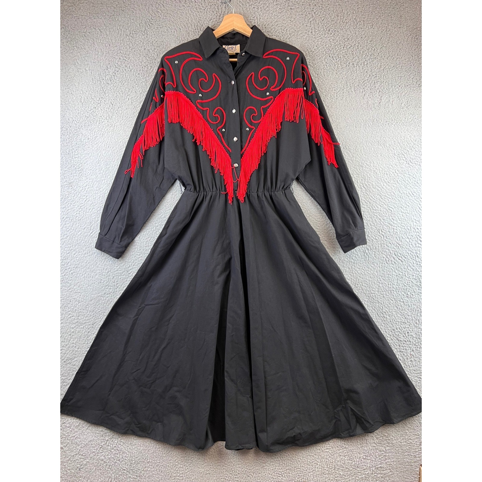 Vintage Circle T Western Dress Black Red Fringe Rhinestone Size 9/10 Country