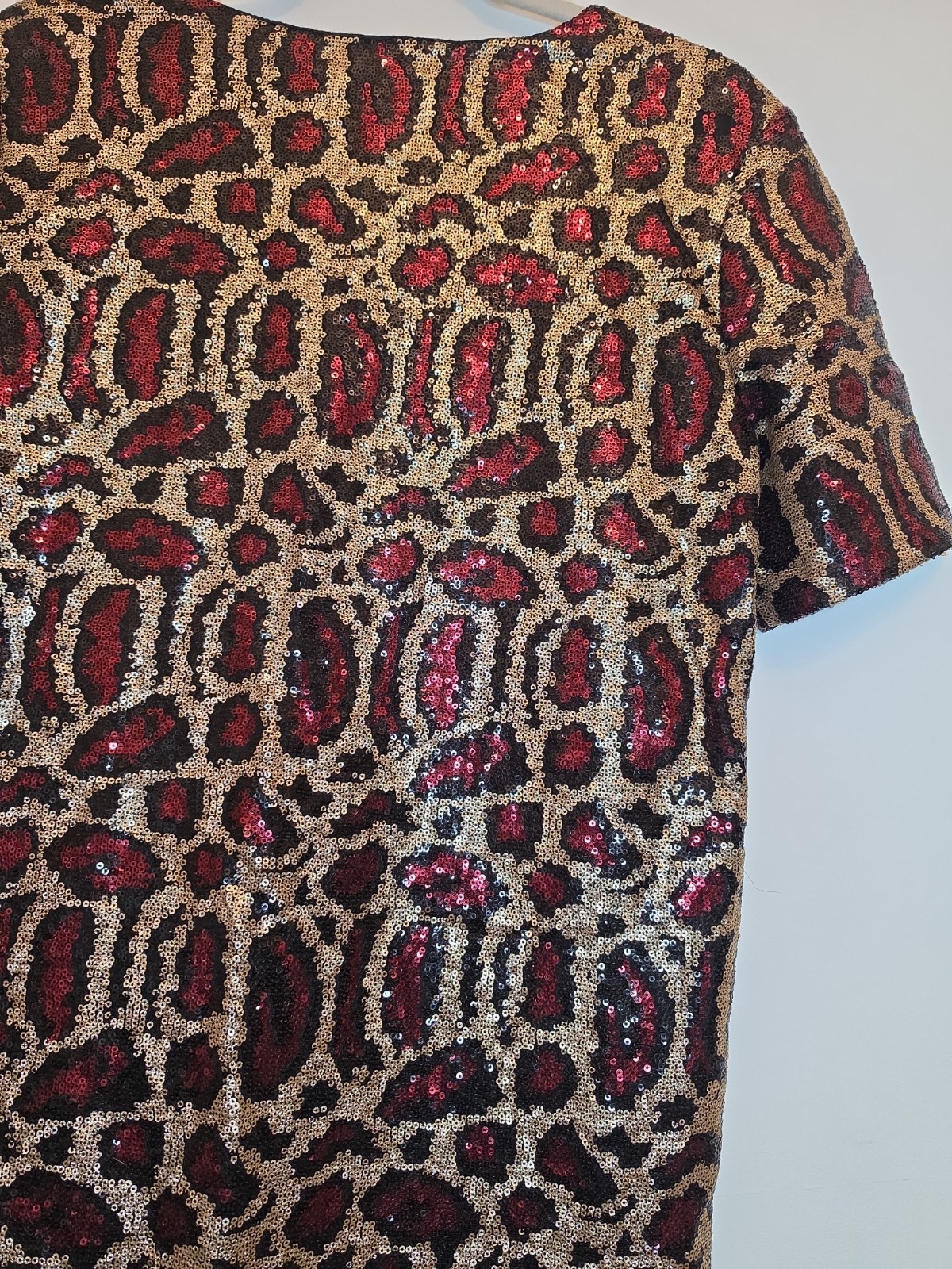 Ivivi Gold Red Black Sequin Leopard Print Shift Dress Size Small Party Christmas