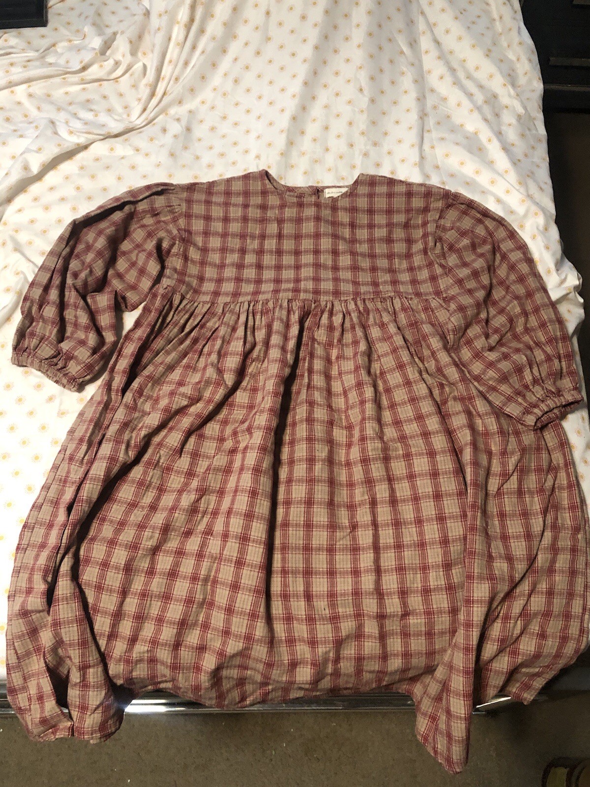 Fall Winter Korean Style women size 8 Cotton Linen Lantern Sleeve Plaid Dress