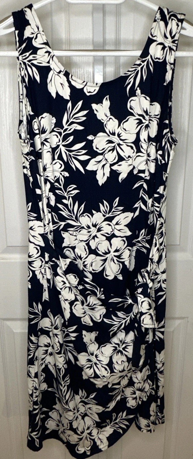 Caribbean Joe Faux Wrap Sleeveless Floral Hibiscus Blue Cream Summer Dress M