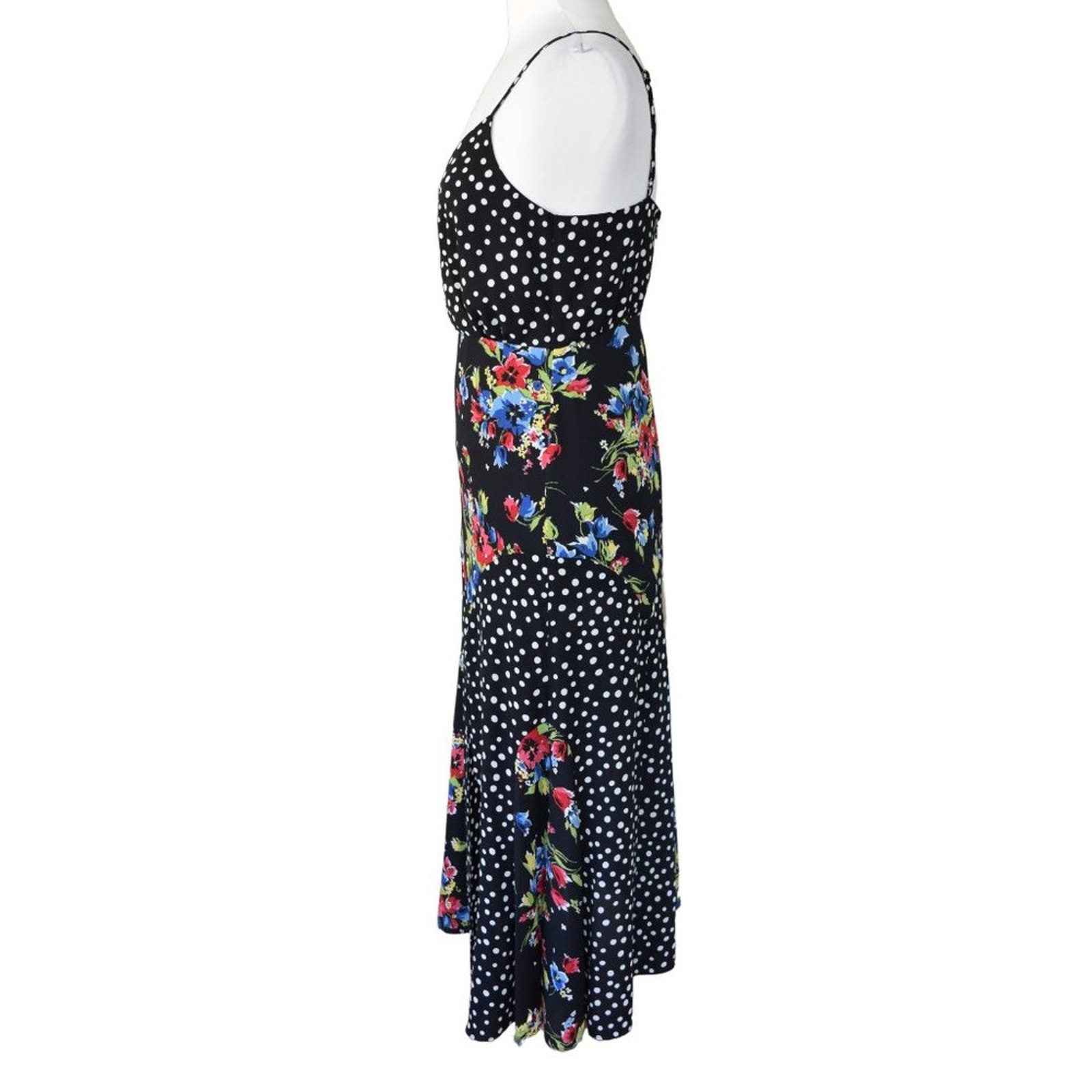 LIKELY Saige Midi Slip Dress Size 4 Black Floral Polka Dot Front Slit Revolve