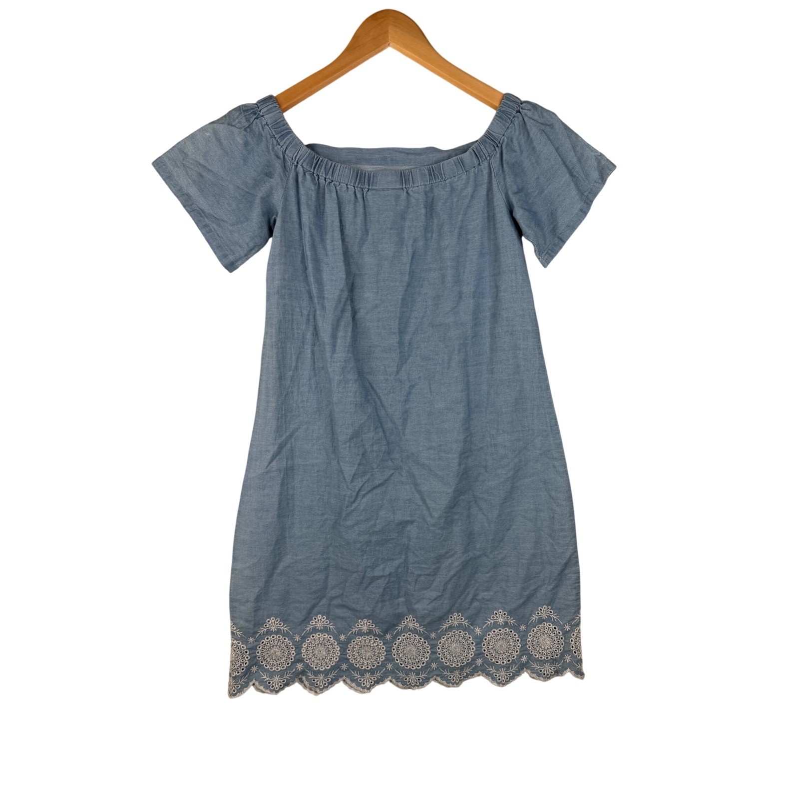 New Maison Jules Lace Embellizhed Off the Shoulder Denim Mini Dress size 8 Blue