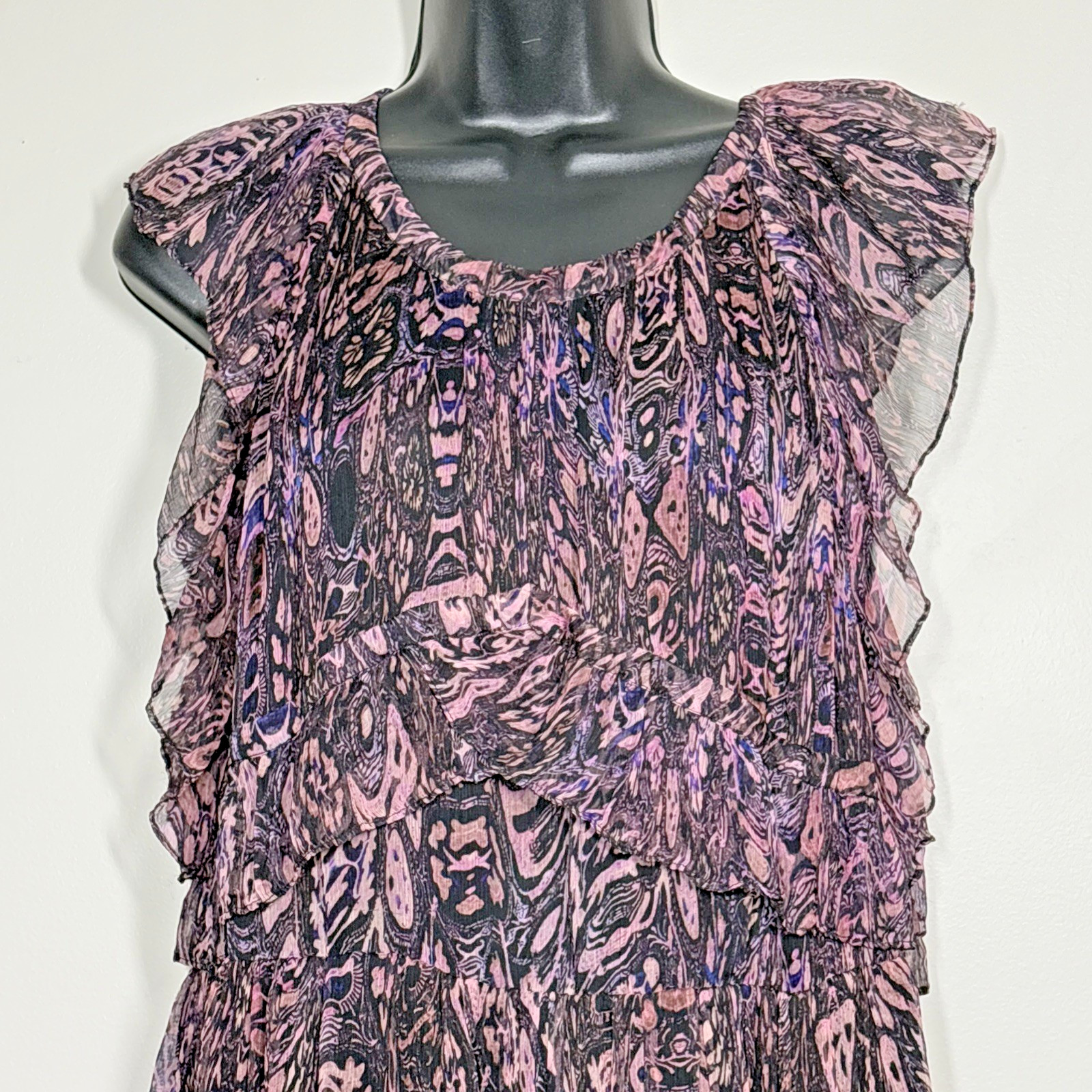 IRO Glorie Mini Dress 36 Small Pink black crinkle Ruffle Short Keyhole Viscose