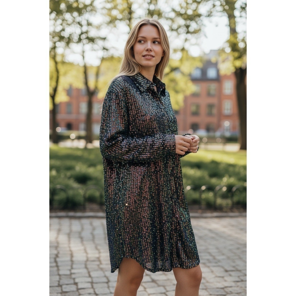 Jodifl Womens Iridescent Sequin Button Down Shirt Dress Multi-Color Small New
