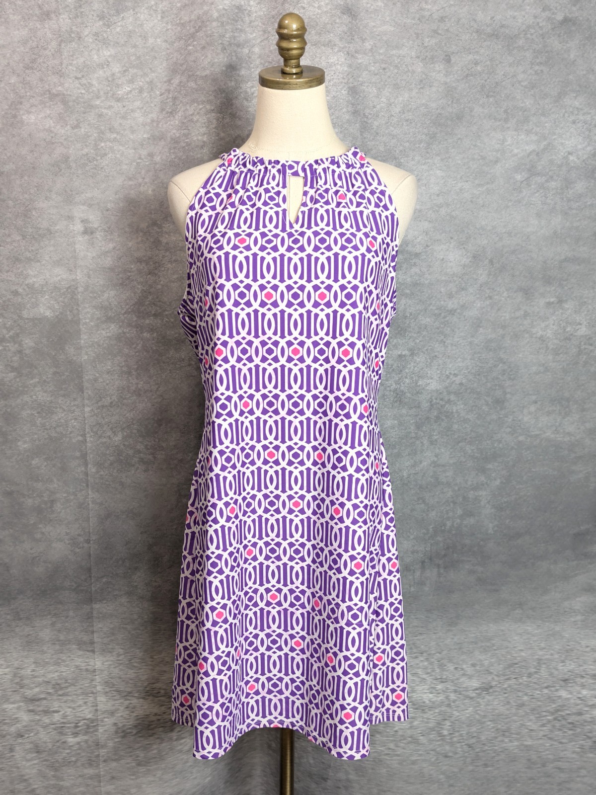 Jude Connally Lisa Halter Dress L Purple Pink Geometric Shift Keyhole Resortwear
