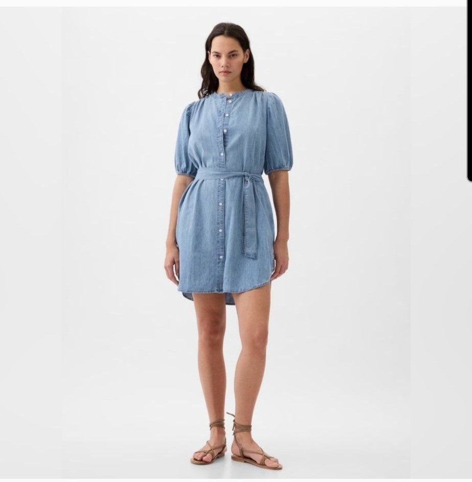 Gap Shirt Dress Small Puff Sleeve Light Wash Indigo Denim Boho Western Prairie