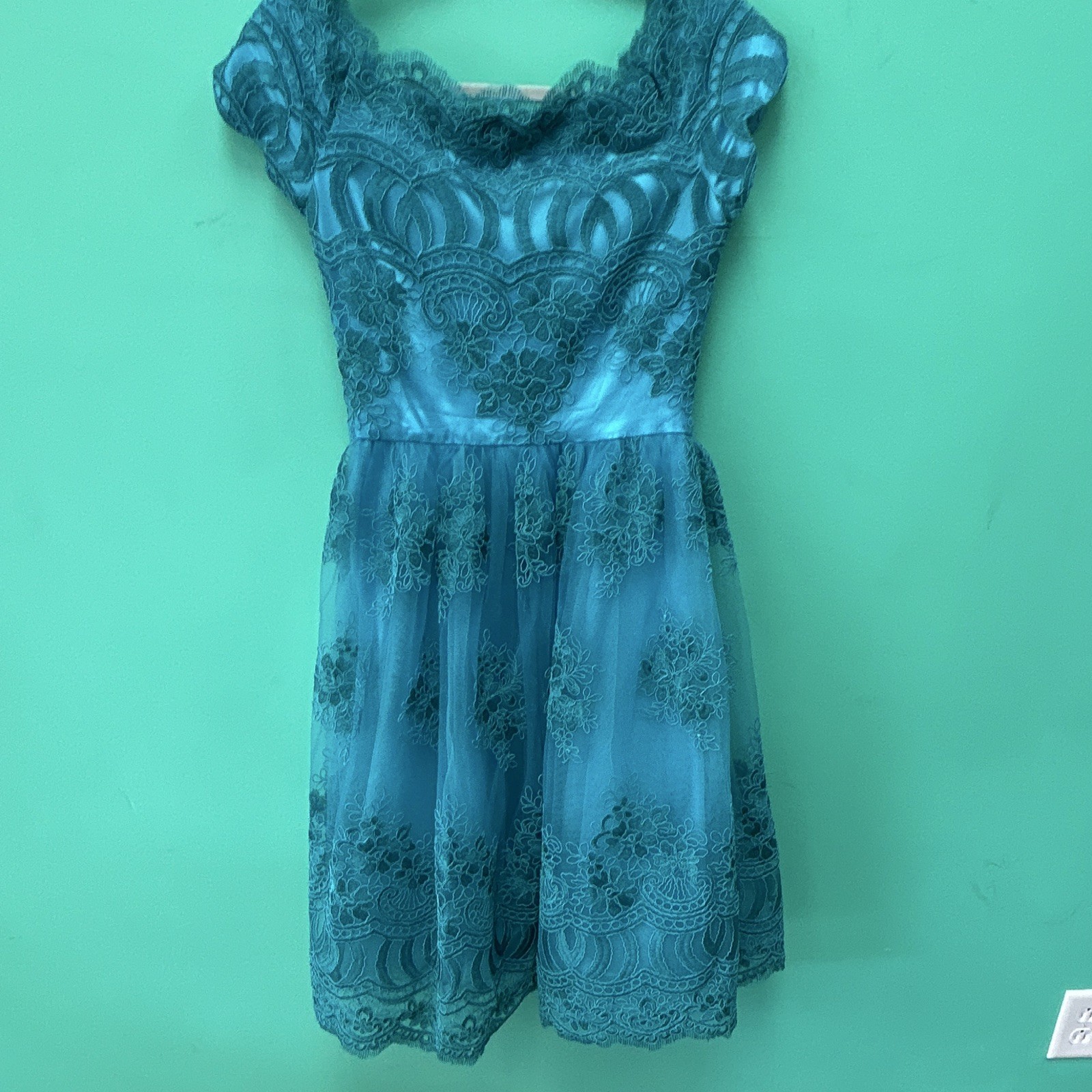Chi Chi London Blue Floral Lace Fit & Flare Square Neck Knee Dress 4