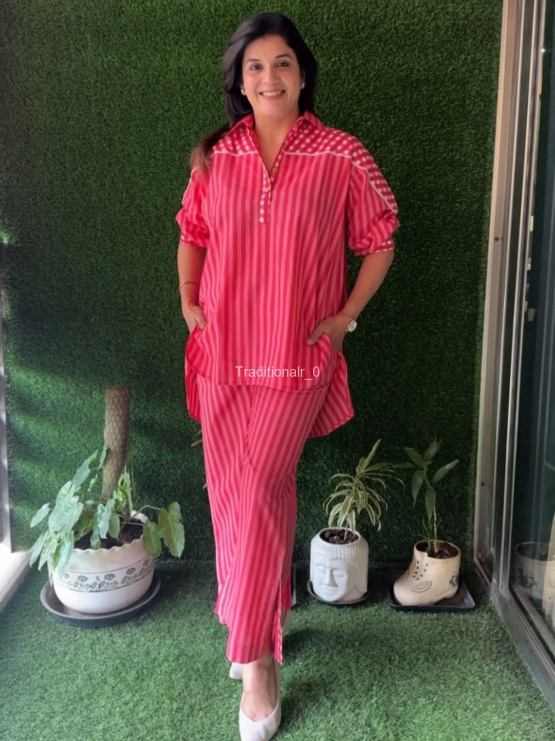 Vibrant Pink Striped Co-ord Set with Collared High-Low Tunic Shirt and Matching