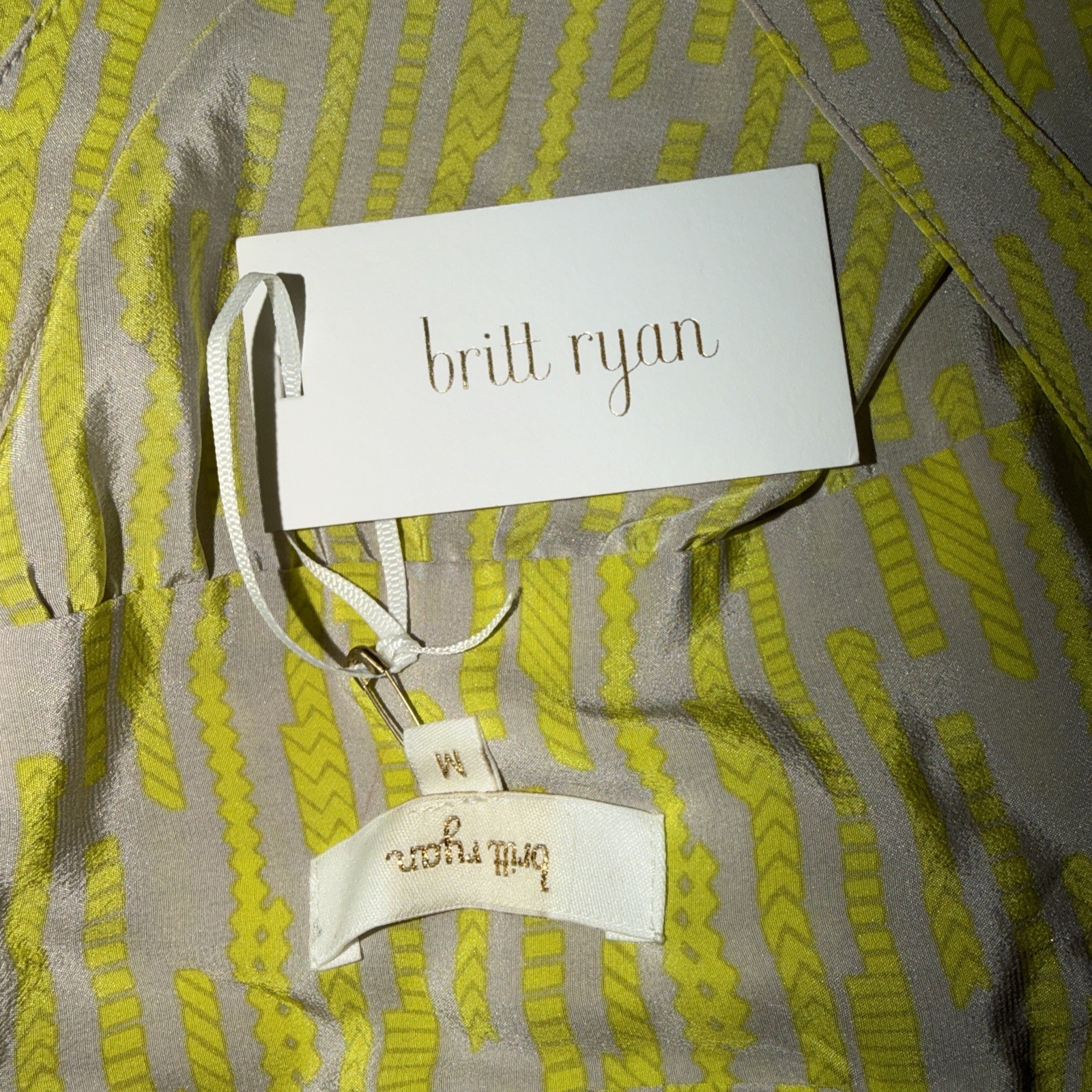 Britt Ryan Yellow Gray Sleeveless V-Neck Silk Dress Size M NWT Tie Waist