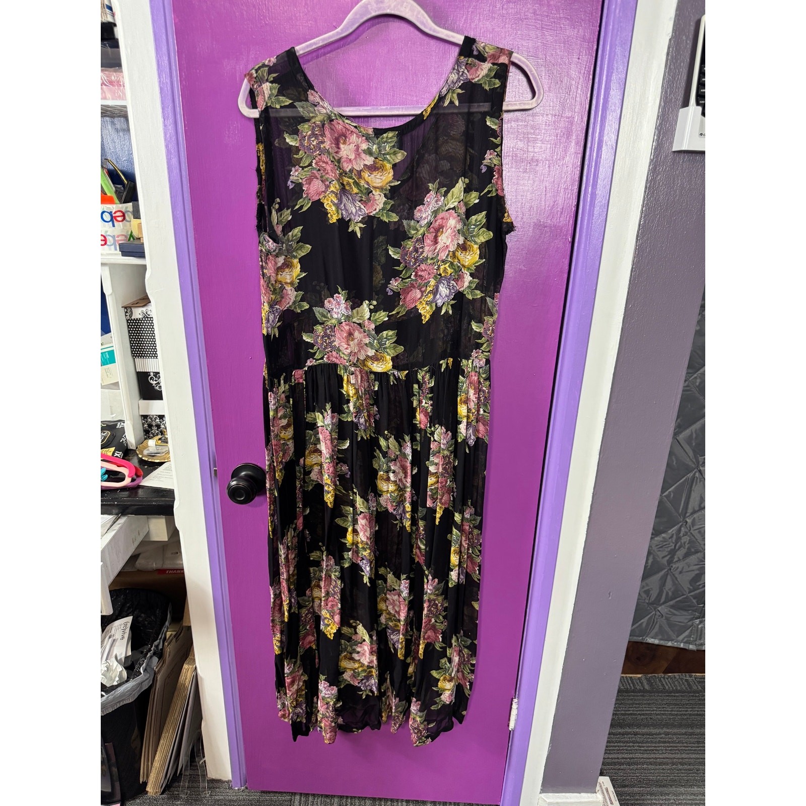 Nostalgia Black Floral Sheer Overlay Maxi Dress L 13/14 Boho Cottagecore vintage