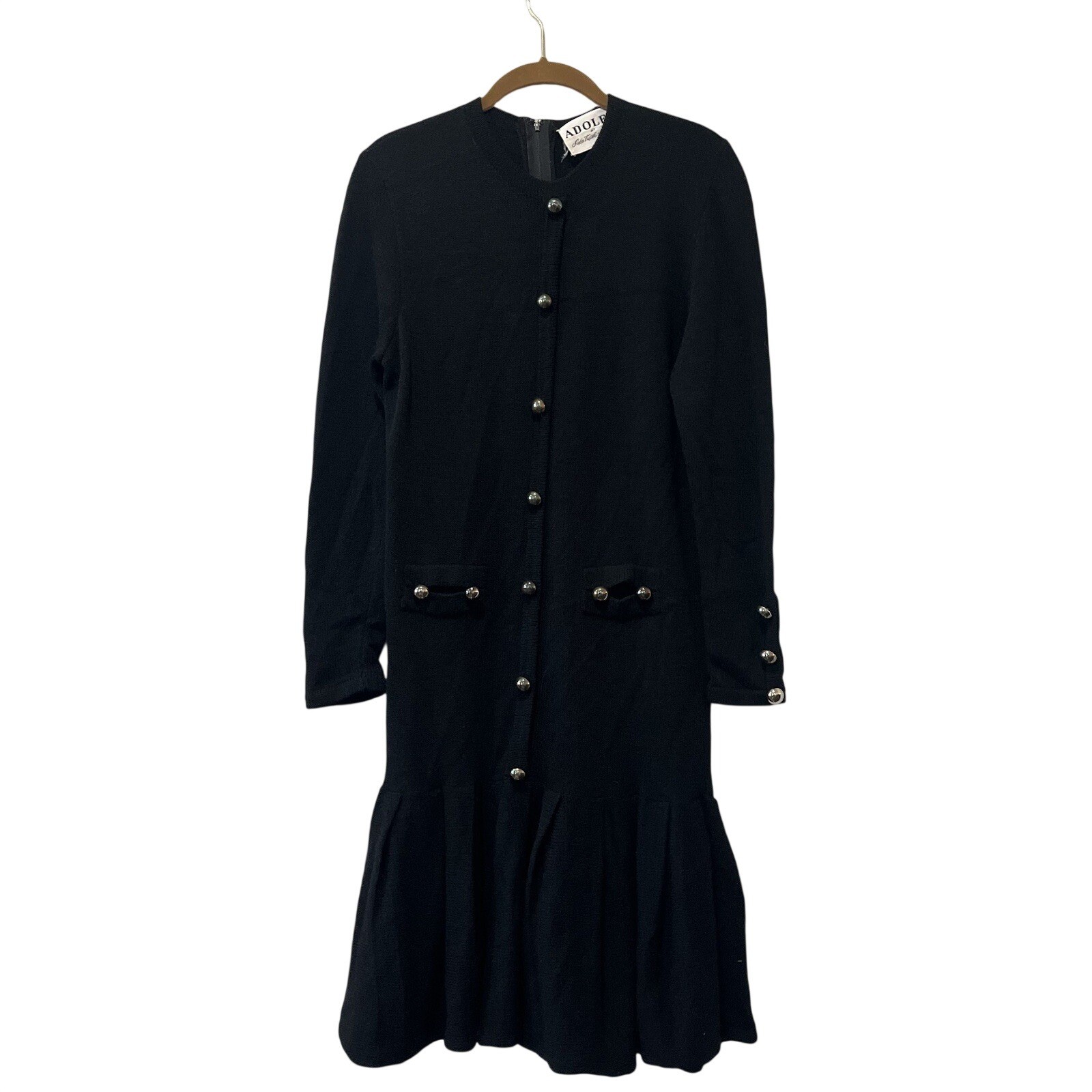 Adolfo Saks Fifth Ave Knit Dress Women’s Small Black Wool Drop Waist Pleated