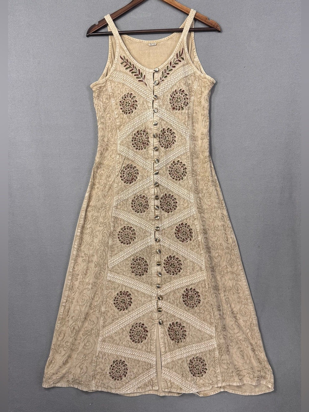 Vintage 90’s Embroidered Button-Front Tie-Back Midi Dress, Sand, Red and Green
