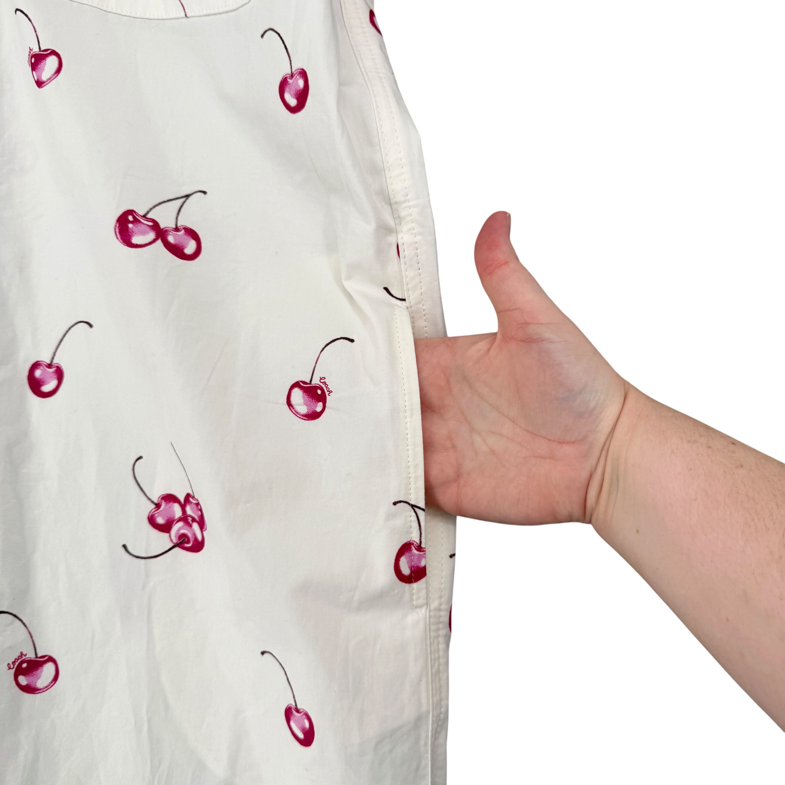 Coach Cherry Button Front Dress XS Cotton White Collared Pockets Preppy CQ848