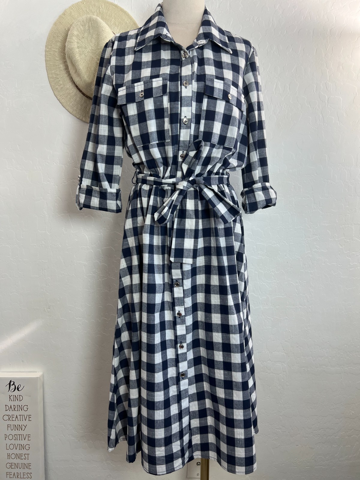 PerSeption cotton plaid shirt dress size S blue white gingham buttons western