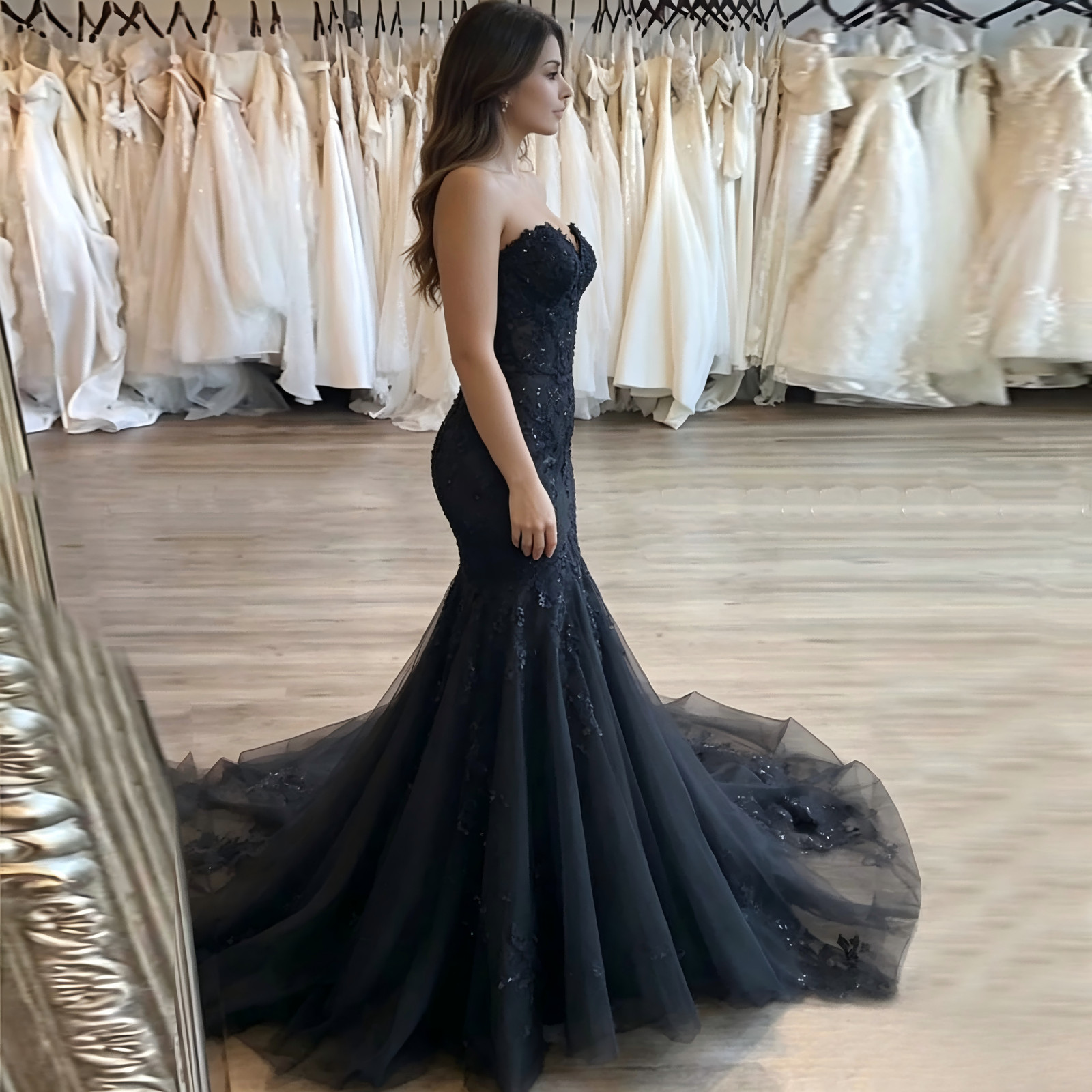 Strapless Sweetheart Black Lace Mermaid Evening Gown Long Train Custom