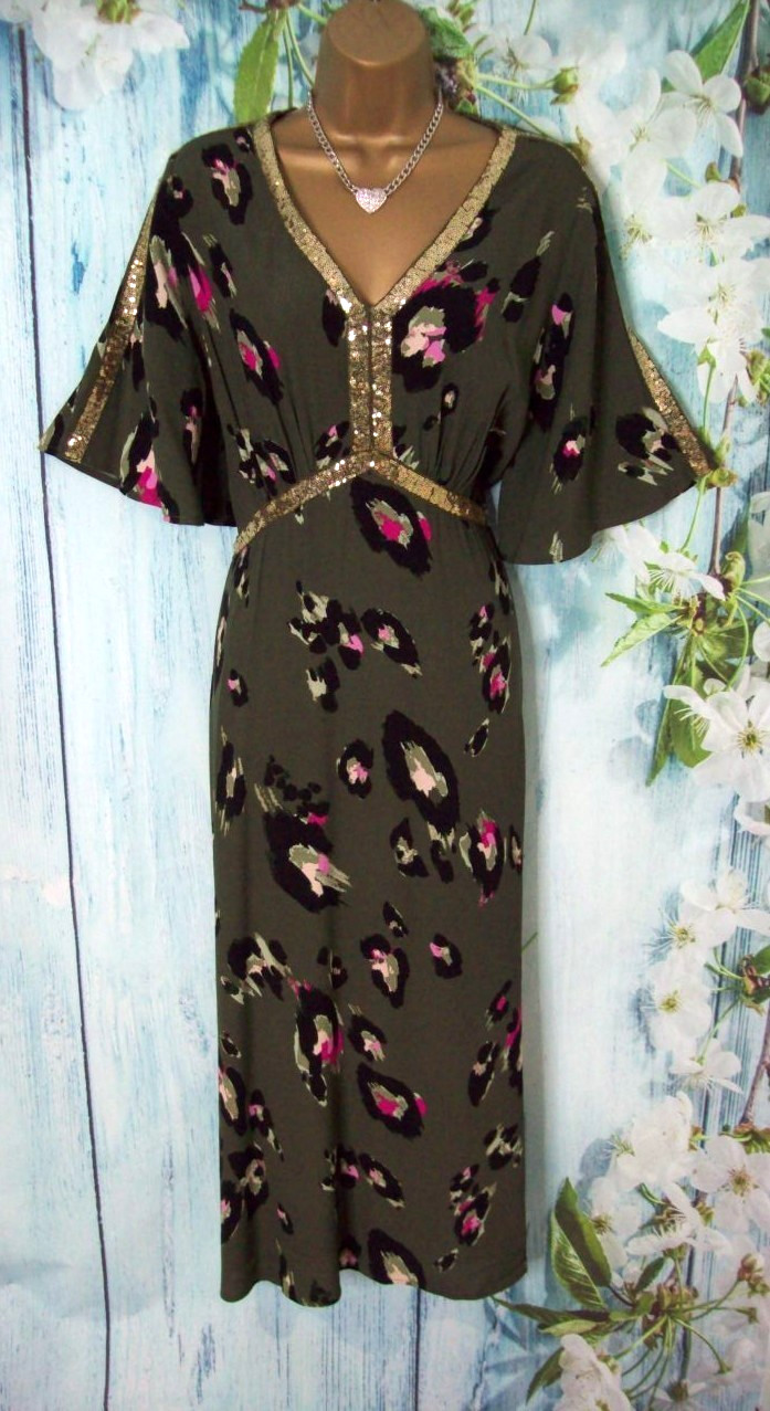 Next Love & Roses Khaki Green Animal Sequin Angel Sleeve Midi Dress Size 14