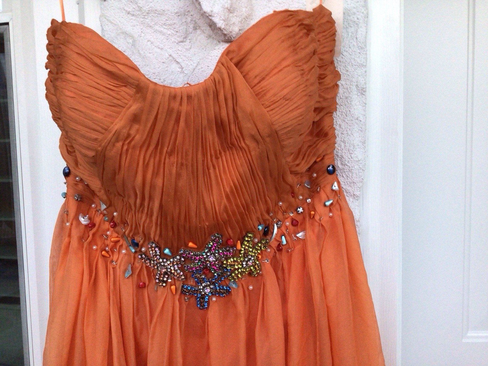 Morrell Maxie NWT’s Beaded Seashell Orange Sleeveless Maxi Silk Dress Sz. 10.