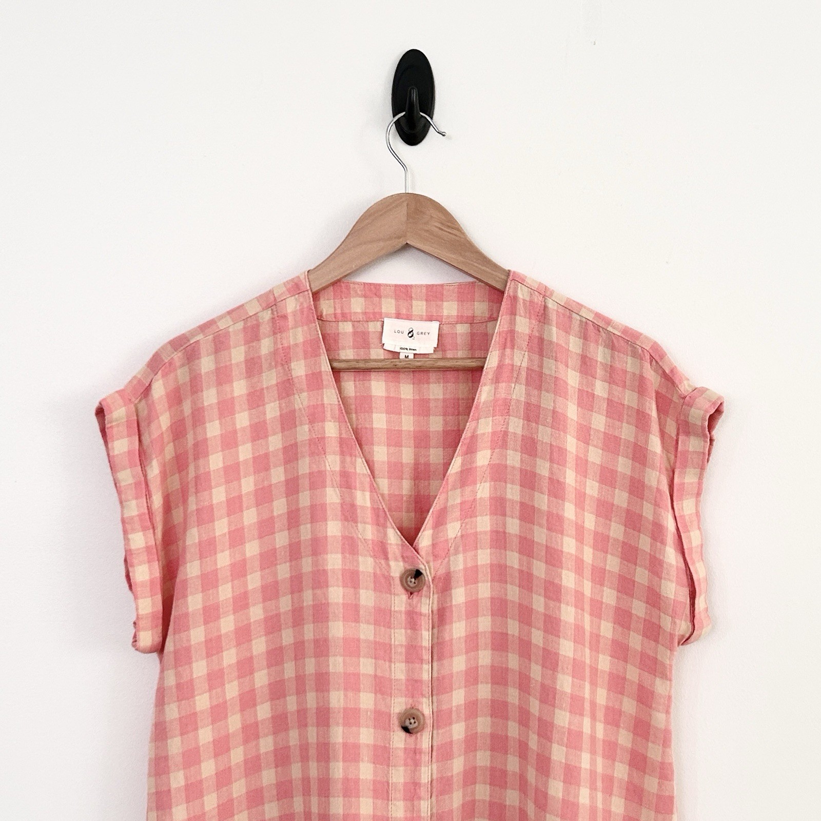 Lou & Grey Medium Pink Ivory Multi 100% Linen Gingham Button Front Dress NWOT