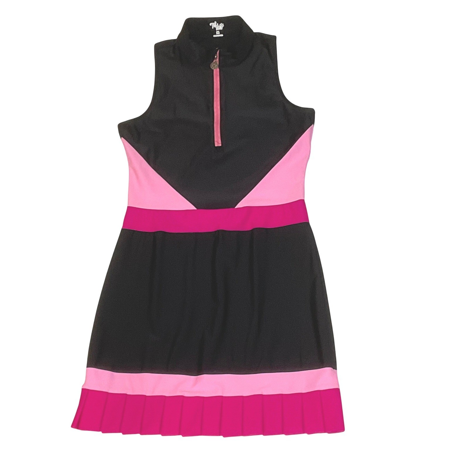 TZU TZU JORDAN COLORBLOCK DRESS BLACK PINK RUFFLE PLEATED HEM M Golf Tennis UPF