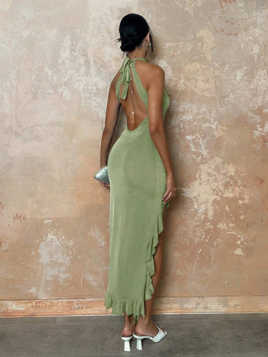 Elegant Halter Maxi Dress Backless Ruffle Bodycon Split Thigh Party Gown