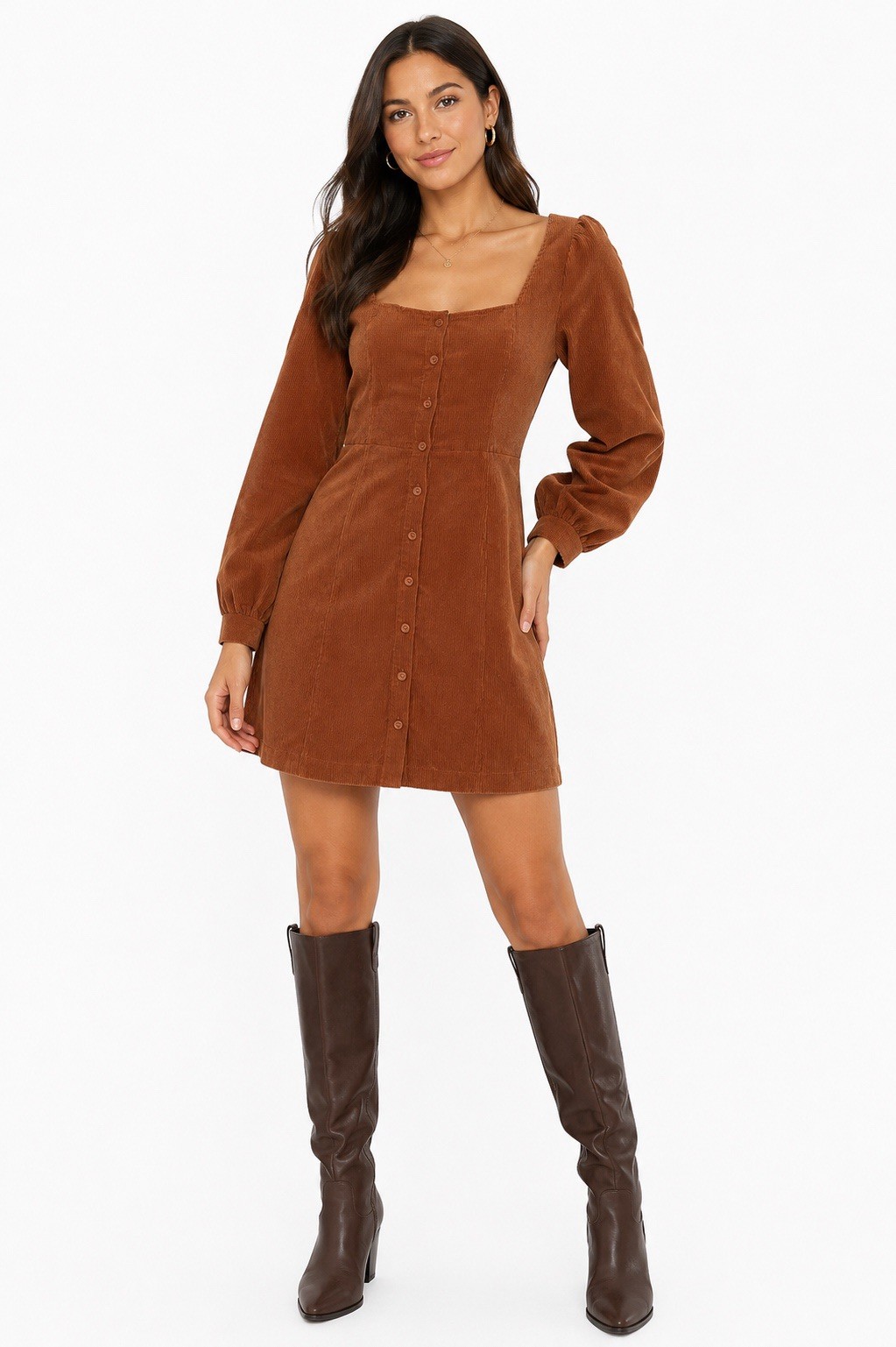 NWT Lulus Corduroy Mini Dress L Brown Cottagecore Puff Sleeve Button Front Fall