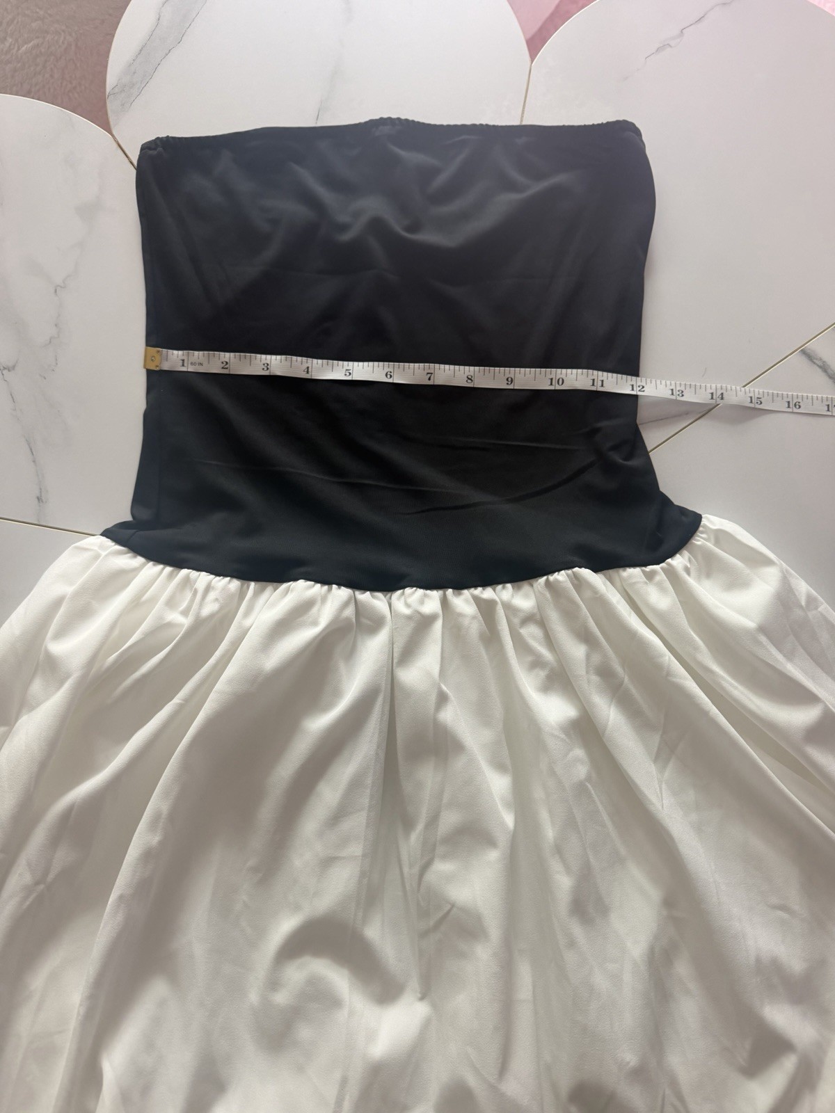 Black White Colorblock Bubble Hem Mini Dress Strapless Pleated Zip S