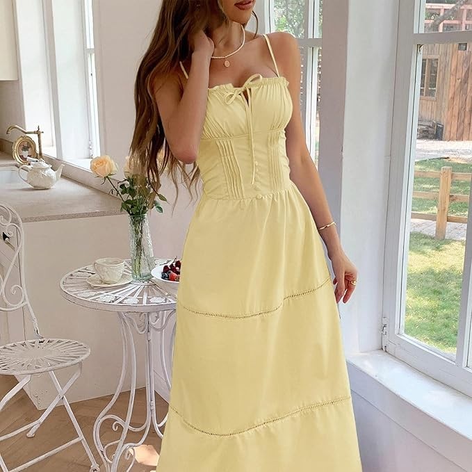 Midi Corset Dress Boho Flowy Slit Lace Up Dresses Casual Sundress Size L