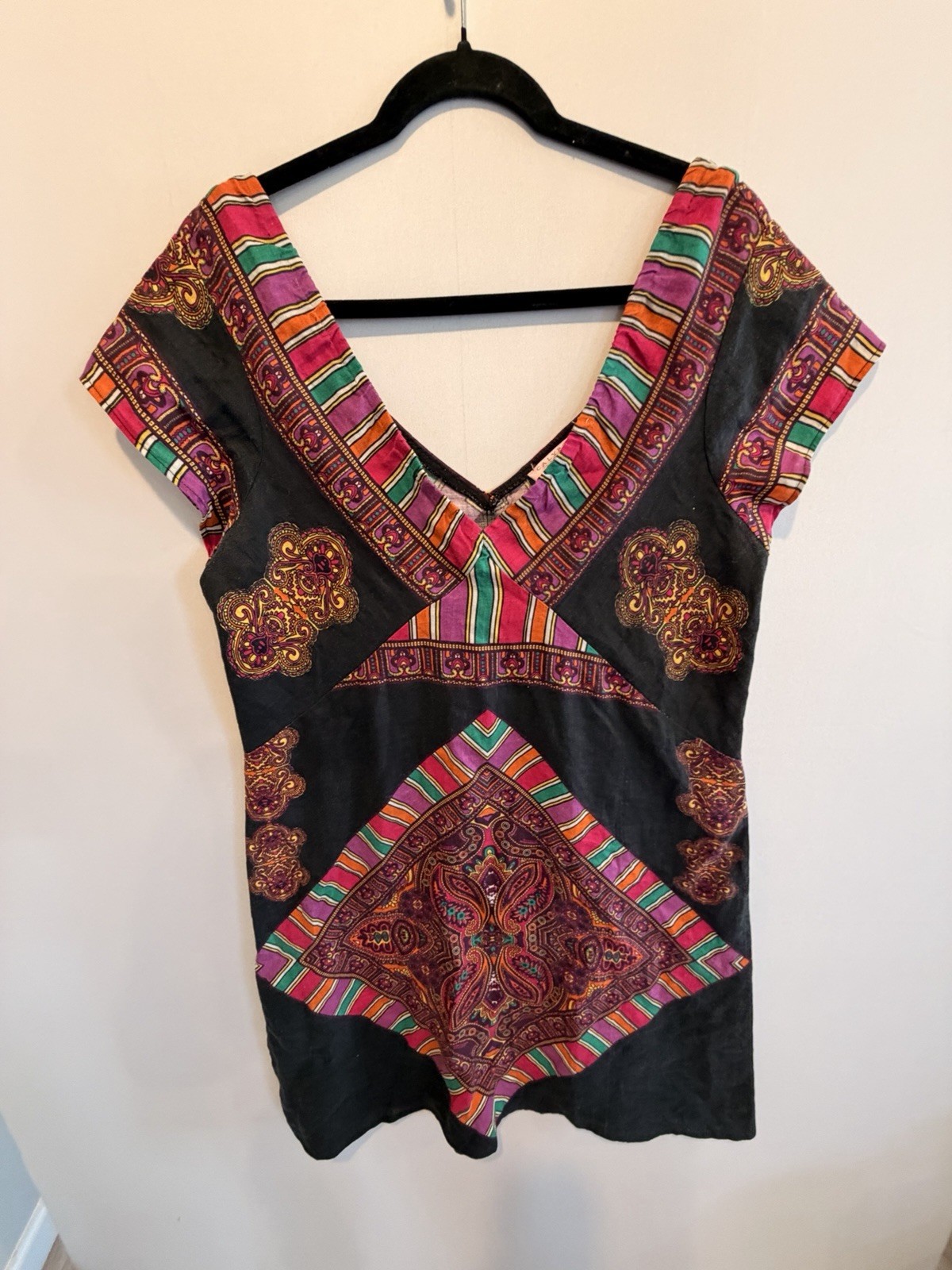 Calypso St Barth Bohemian Multi Color Kimono Geometric Linen Tunic Dress Size M