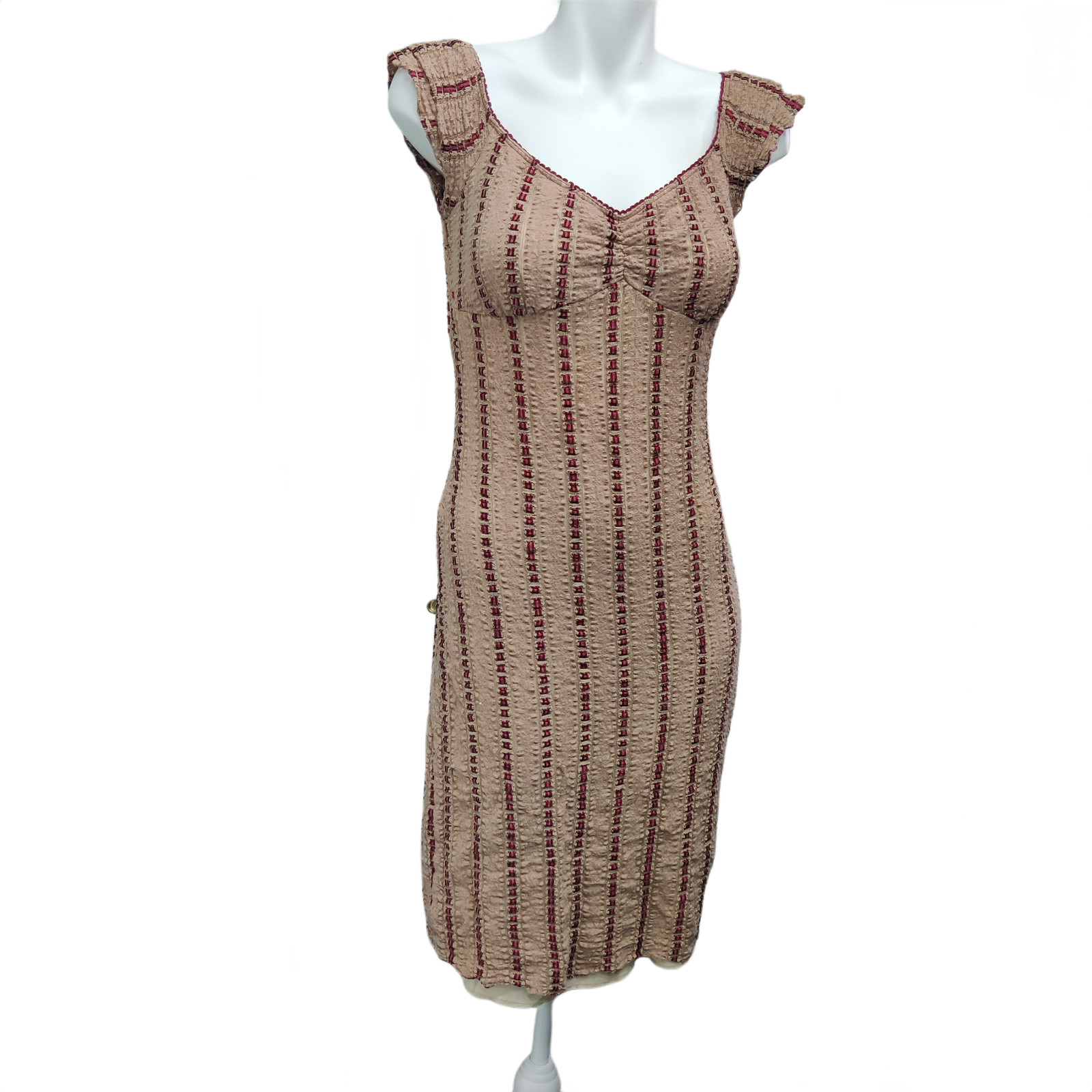 Wet Seal Babydoll Midi Dress Womens Large Beige Maroon Striped Y2k Textured USA