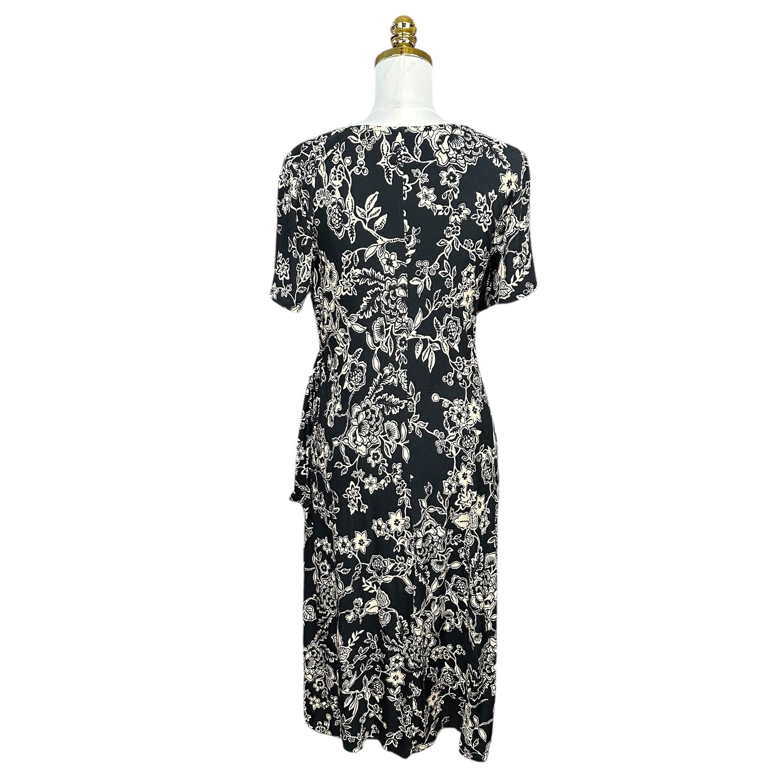 Johnny Was Womens Black Floral Side Tie Midi Dress Short Sleeve Size M