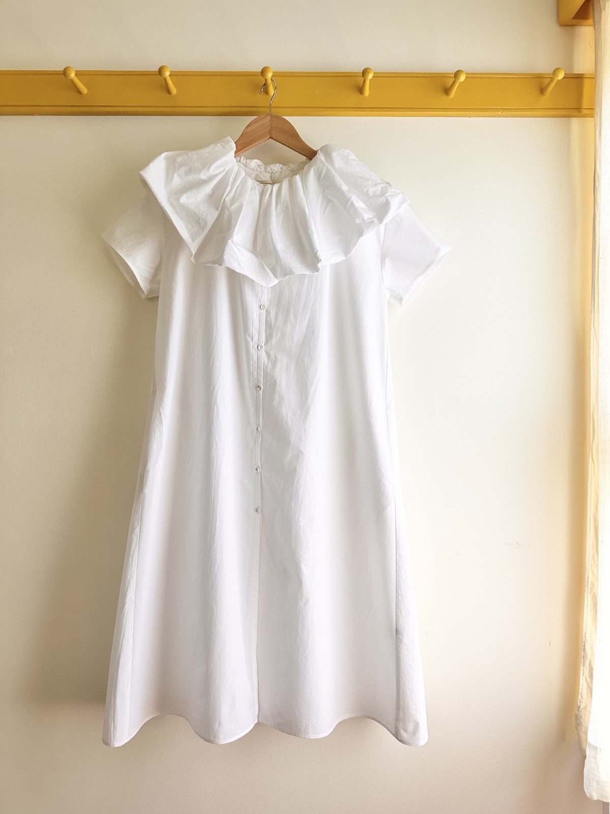 ELEPH Amsterdam cotton poplin ruffle collar button down SS shirt dress white OS