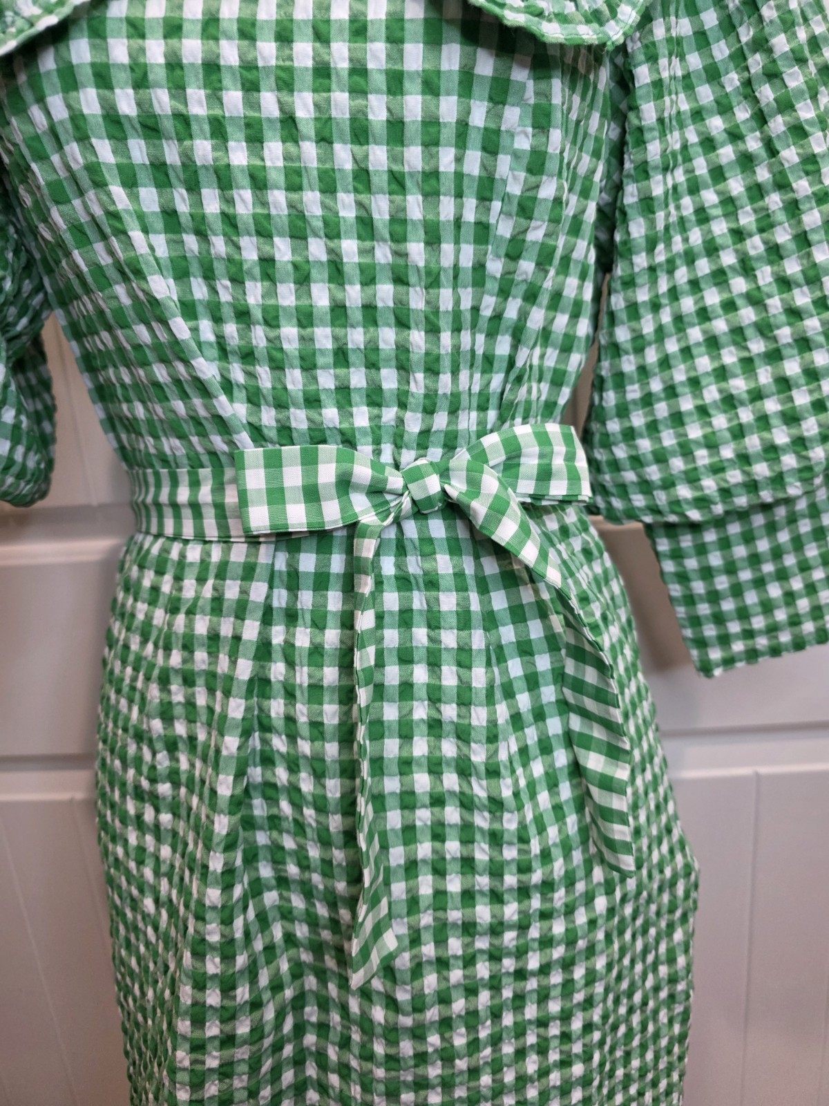 Reserved Green Gingham Seersucker Mini Dress Peter Pan Collar Belted EU40 UK12