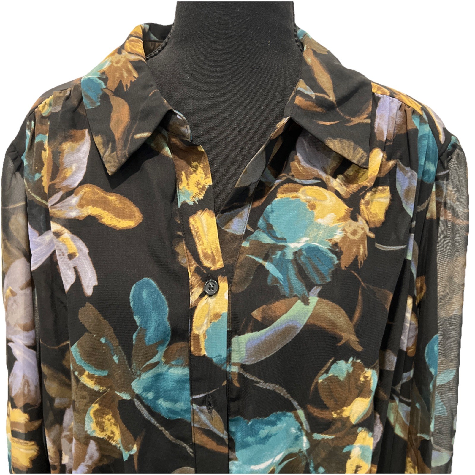 52seven Women’s 18W Floral Shirt Dress Black Teal Long Sleeve NWT Plus Size