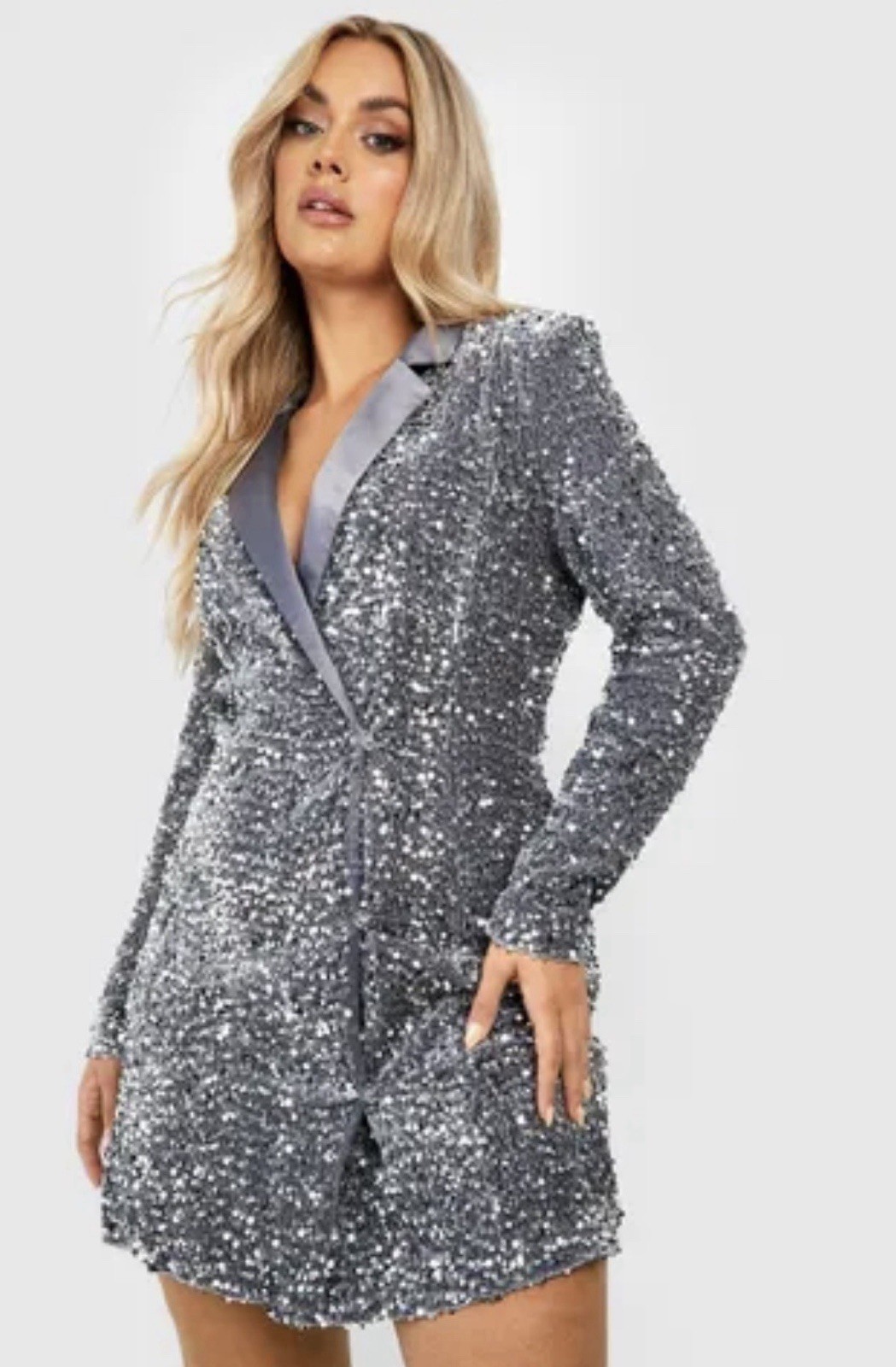 NWT Boohoo Sequin Wrap Blazer Dress US 14 Velvet Queen Silver Party