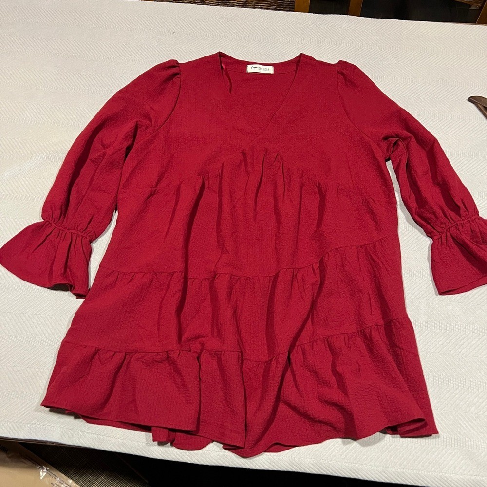 Impressions Red Tiered Babydoll Dress V-Neck Ruffle Cuff Tunic Plus 1X