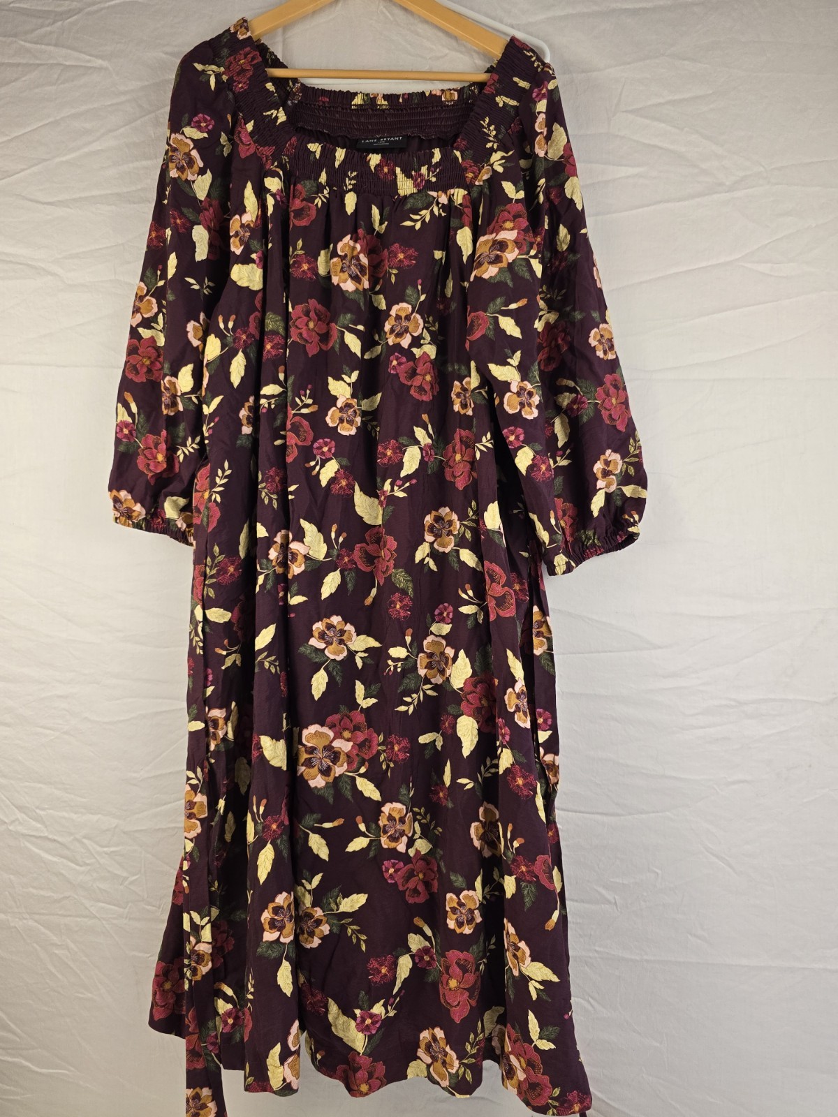 Lane Bryant Purple Floral Smocked Square Neck Belted Lined Midi Dress 14/16