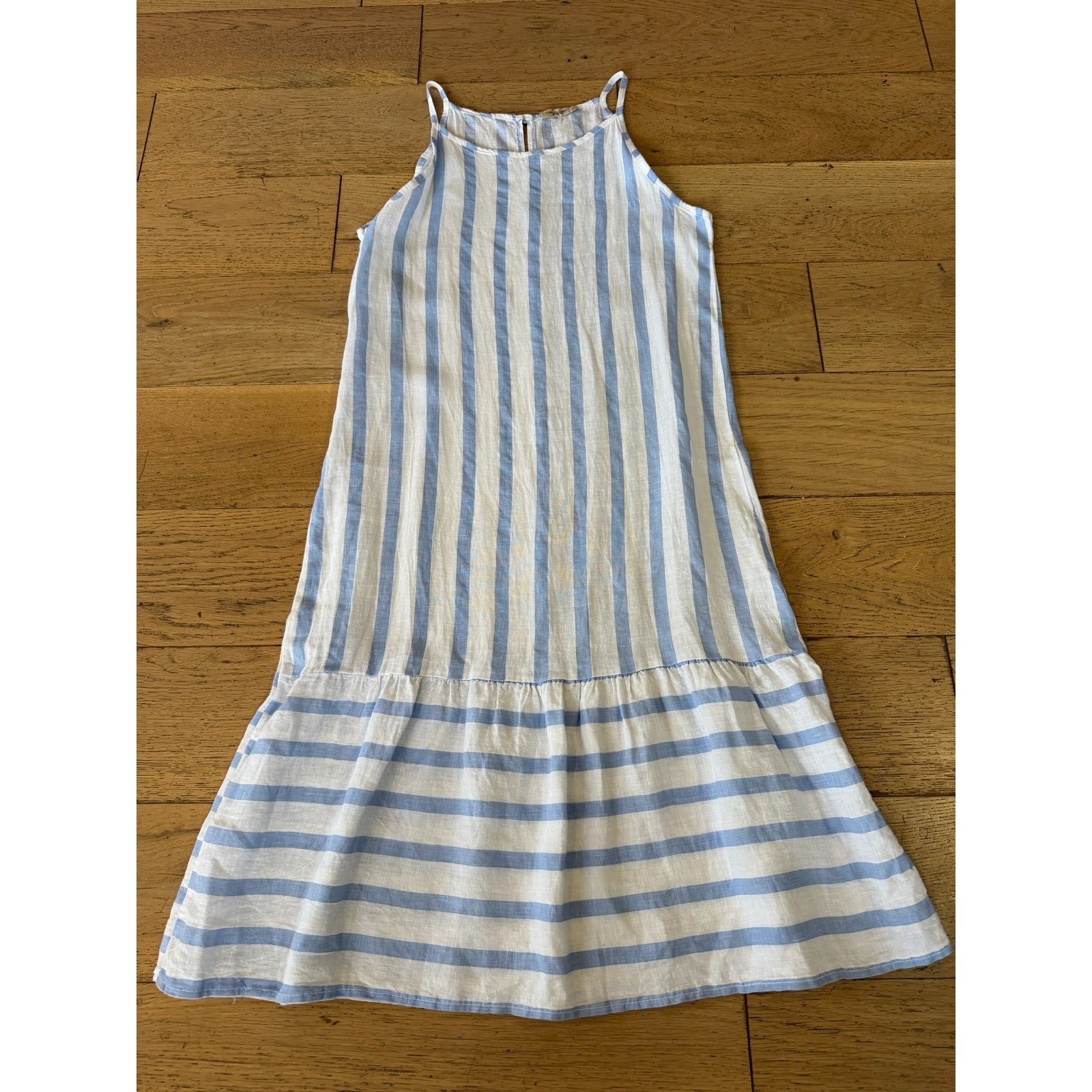 Lungo L’Arno Italy 100% Linen Striped Midi Sundress Blue White Small (1573)