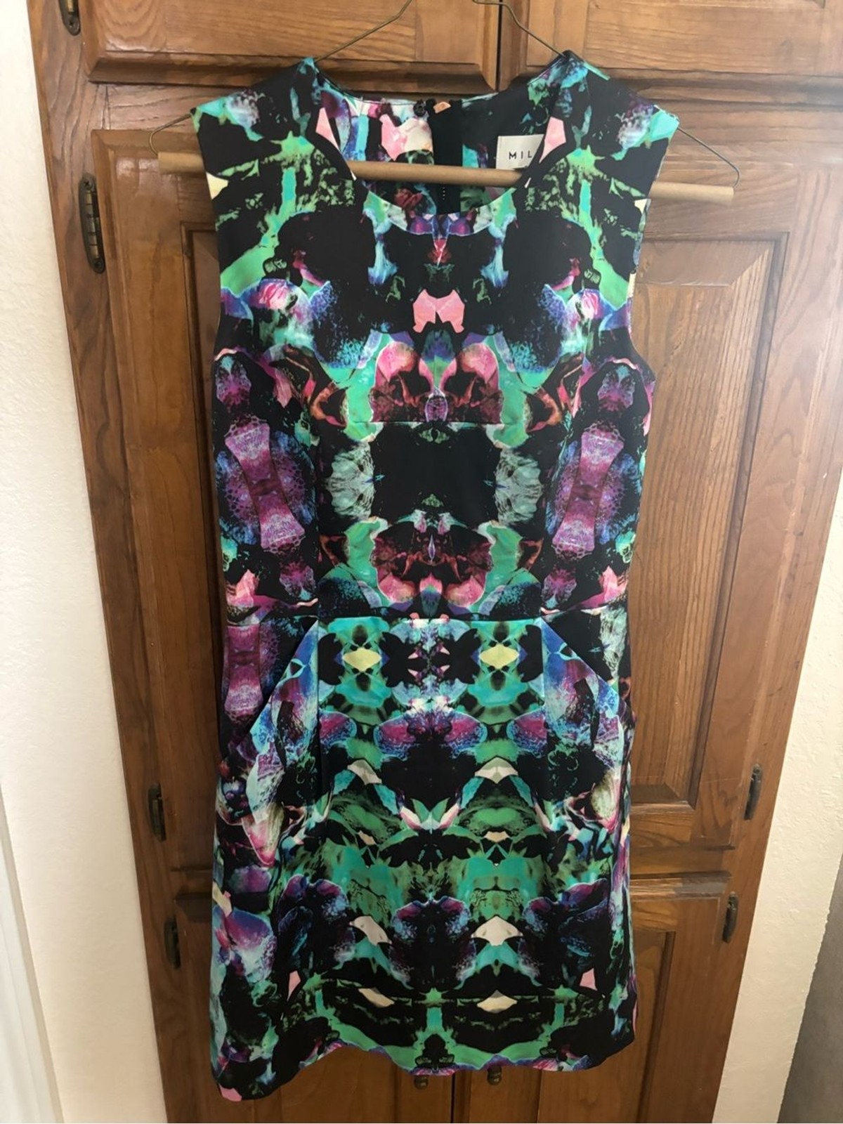 Milly Sleeveless Abstract Floral Mini Dress in Green, Purple, Pink and Black
